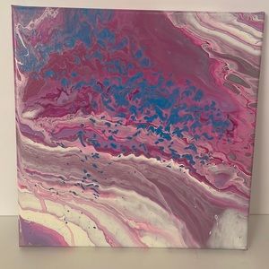 12x12 Pour Painting, shades of purple and lavender, turquoise, white and gray